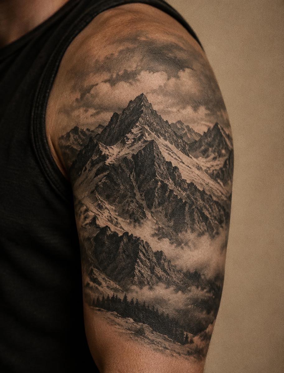 Ridgeline — realism tattoo on upper arm