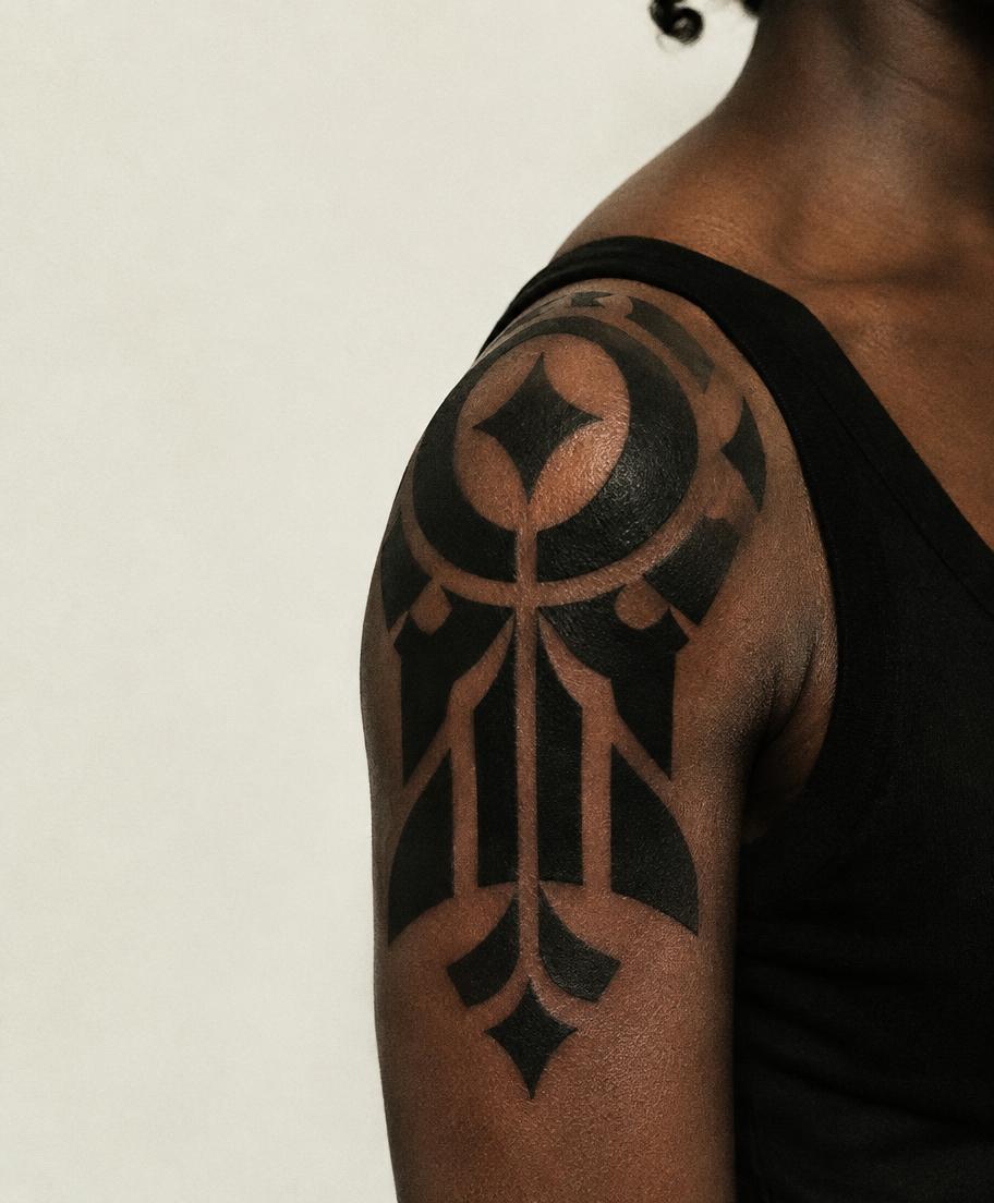 Blackwork ornamental tattoo on an upper arm