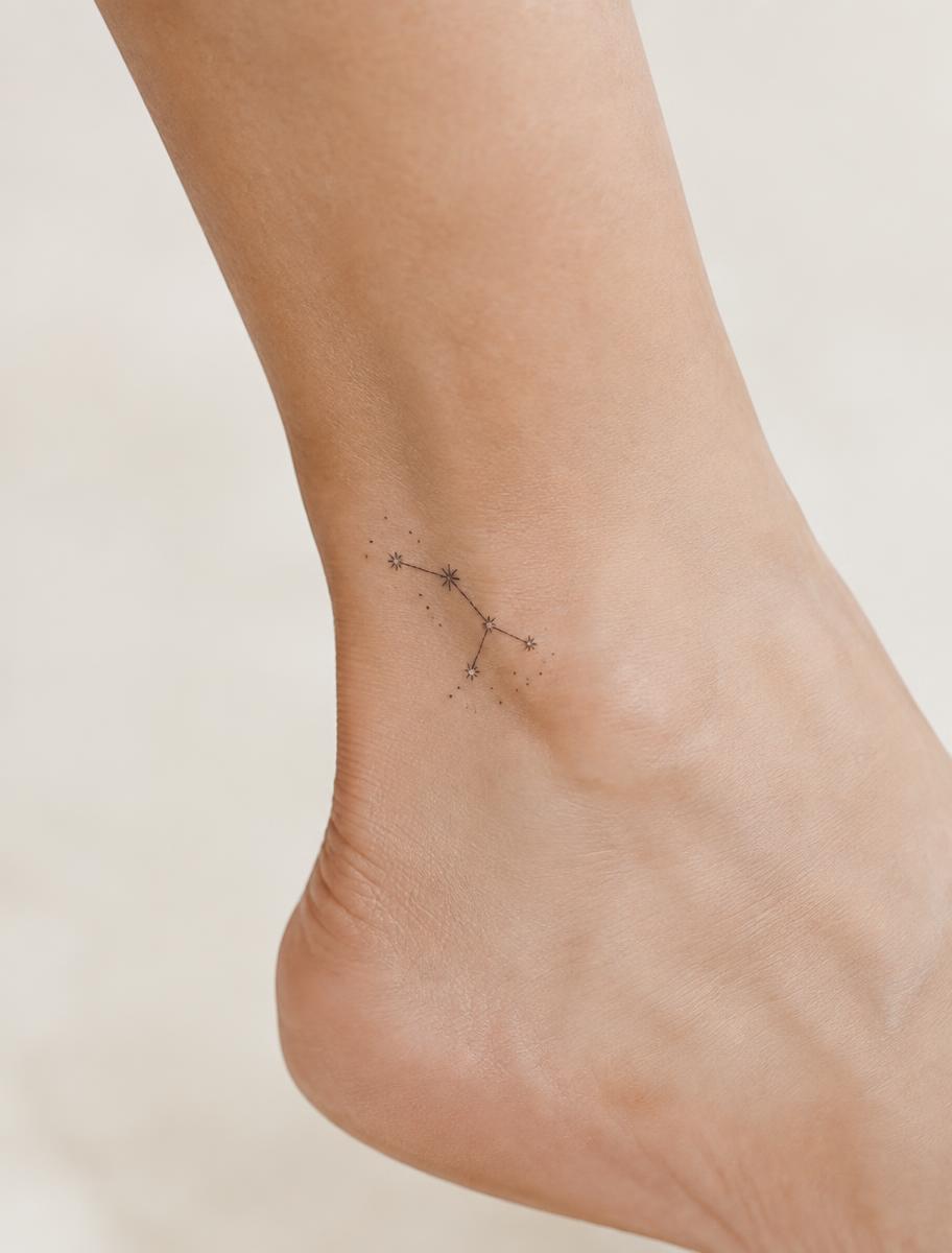 Fine line constellation tattoo on an ankle