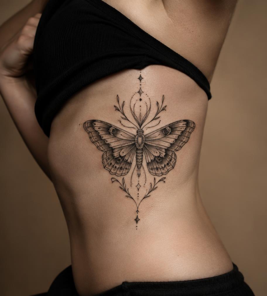 Illustrative engraving-style moth tattoo on a rib