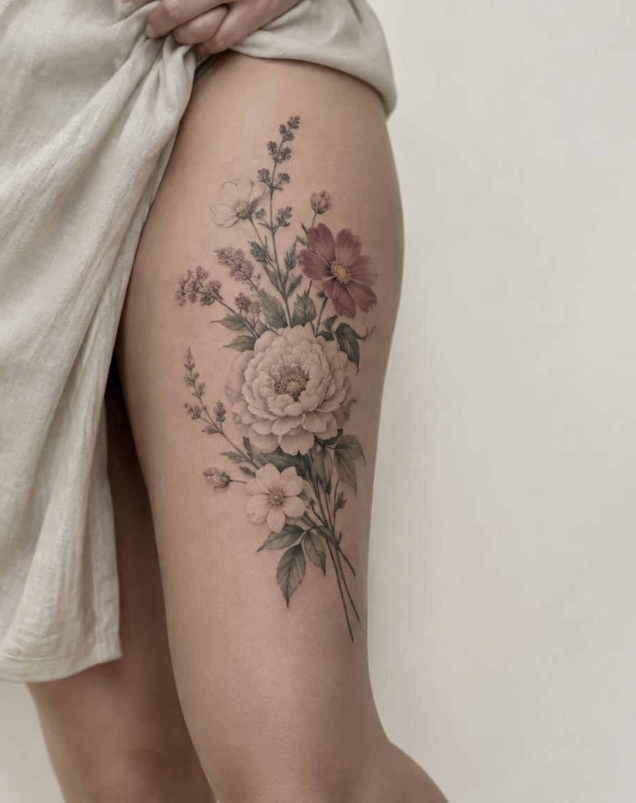 Dry Garden — colour tattoo on leg