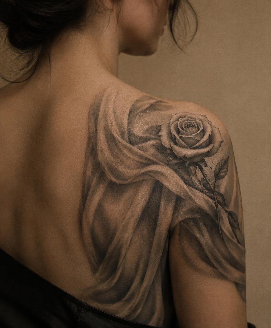Black and grey drapery and rose tattoo across a shoulder